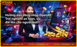 Người dùng đăng nhập Open88 trên điện thoại với biểu tượng bảo mật và tiền thưởng