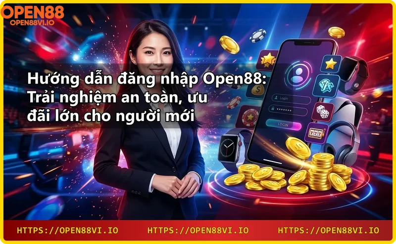 Người dùng đăng nhập Open88 trên điện thoại với biểu tượng bảo mật và tiền thưởng